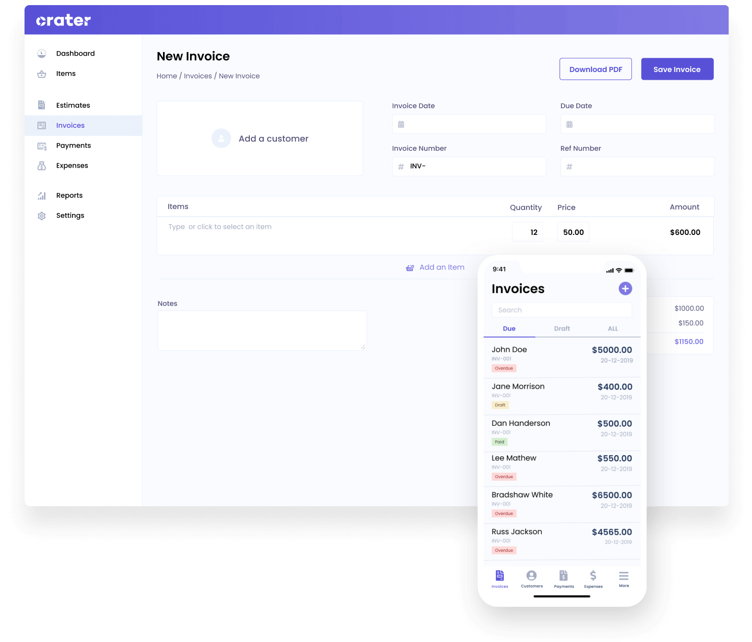 Crater is an open-source web & mobile app that helps you track expenses, and payments & create professional invoices & estimates